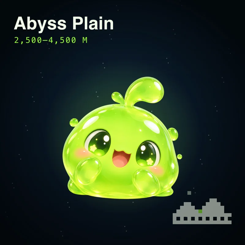 Abyss Plain, 2,500 to 4,500 metres: A flat, cold floor of fine silt that keeps slow tracks for a long time.