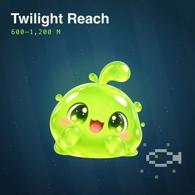 Twilight Reach, 600 to 1,200 metres: Sunlight fades out here; most animals carry their own light.